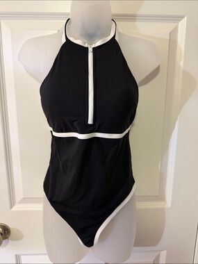 High-Neck Black & White Zip One-Piece Swimsuit